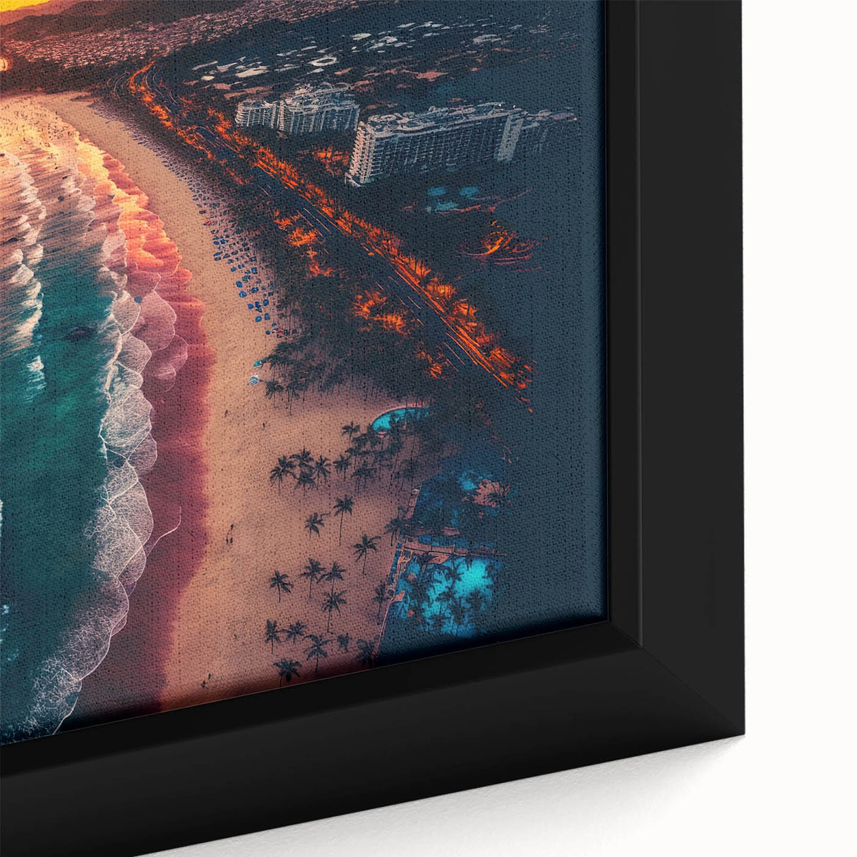 Extra large framed canvas featuring a textured, colorful depiction of Acapulco scenery, suitable for living room decor.