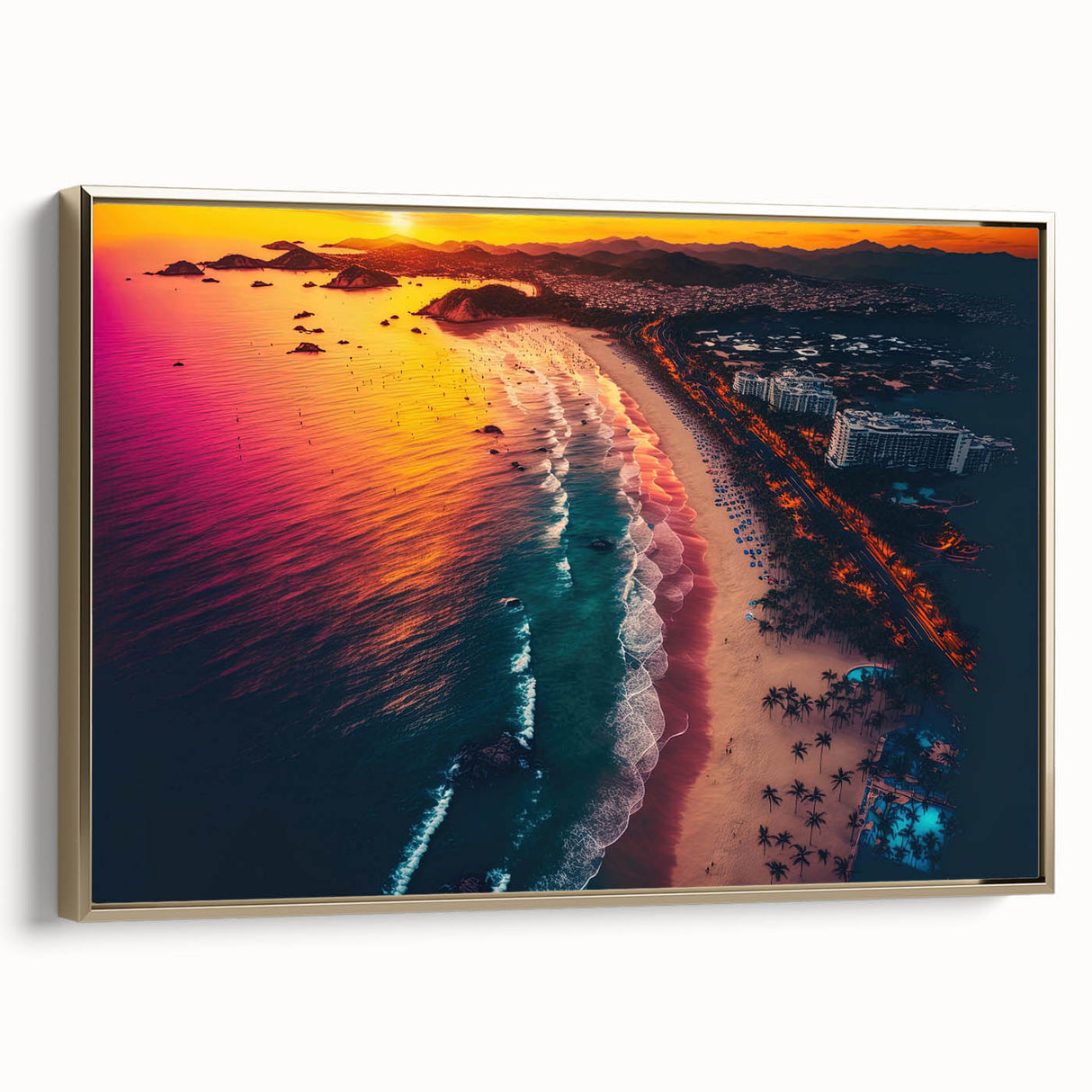 Framed canvas featuring a vintage poster art of Acapulco landscape in black and gold, ideal for bedroom wall decor.