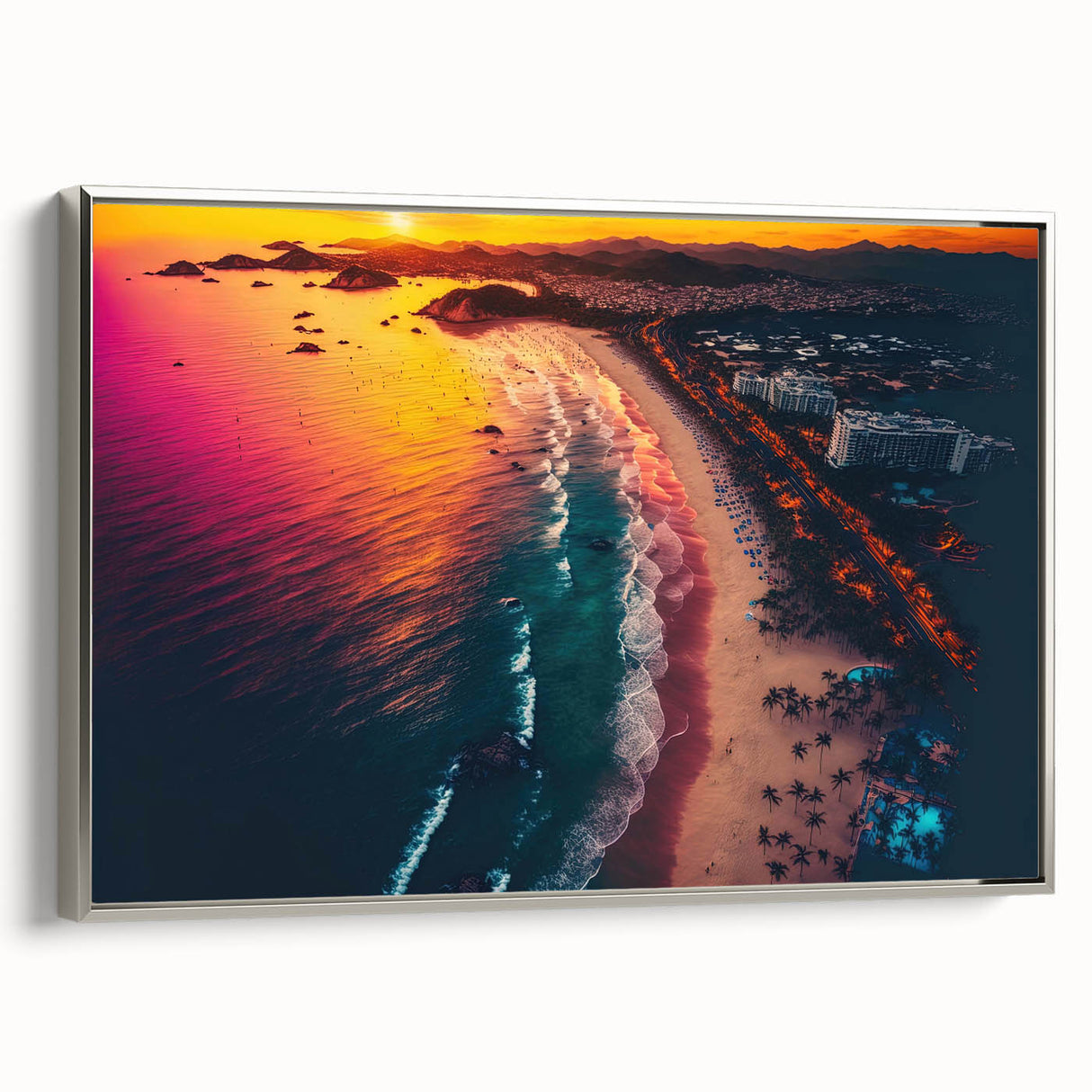 Framed canvas landscape art painting of Acapulco with colorful vintage poster art style, ideal for living room decor.