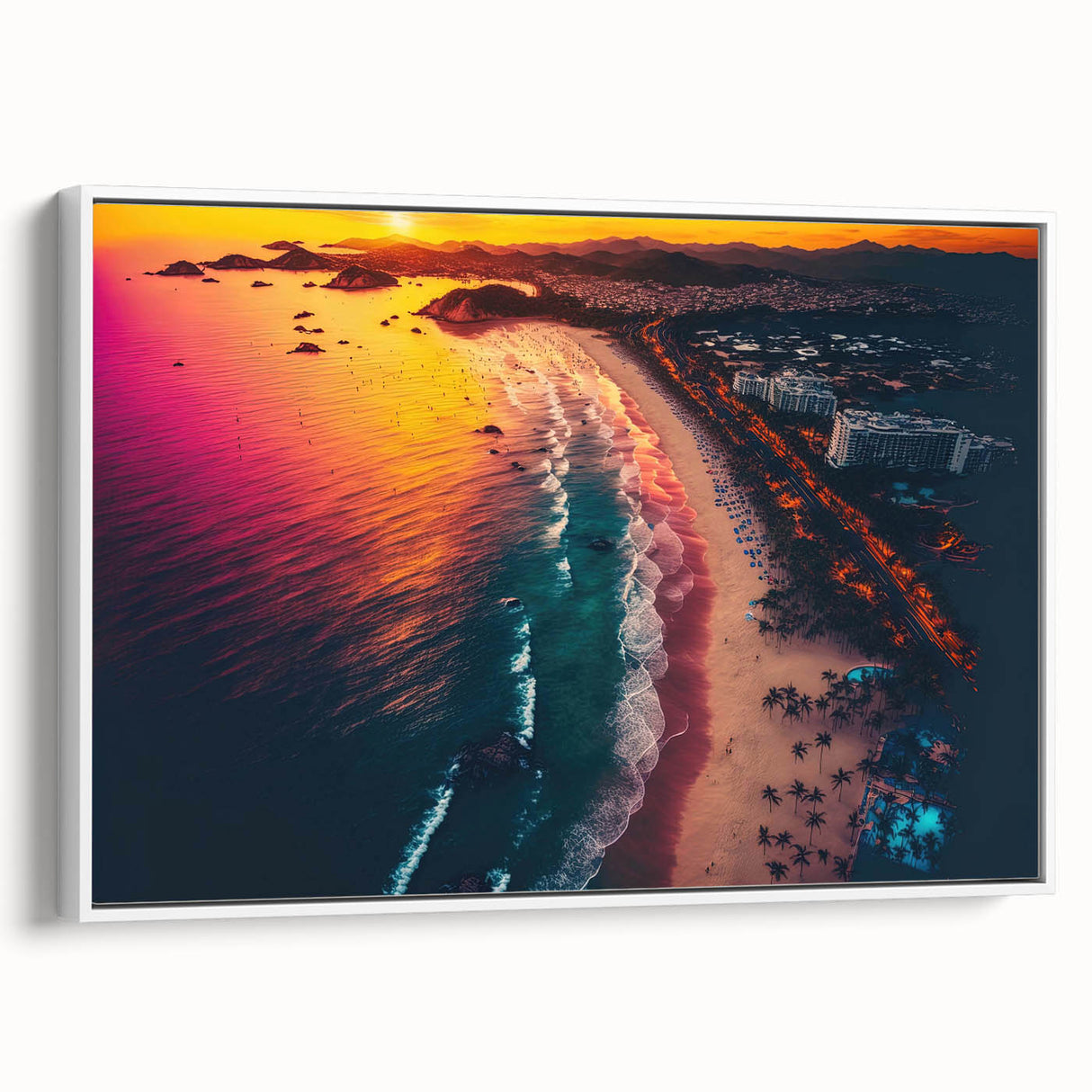 Vintage poster art of Acapulco scenery on a framed canvas, featuring vibrant colors, ideal for living room decor.