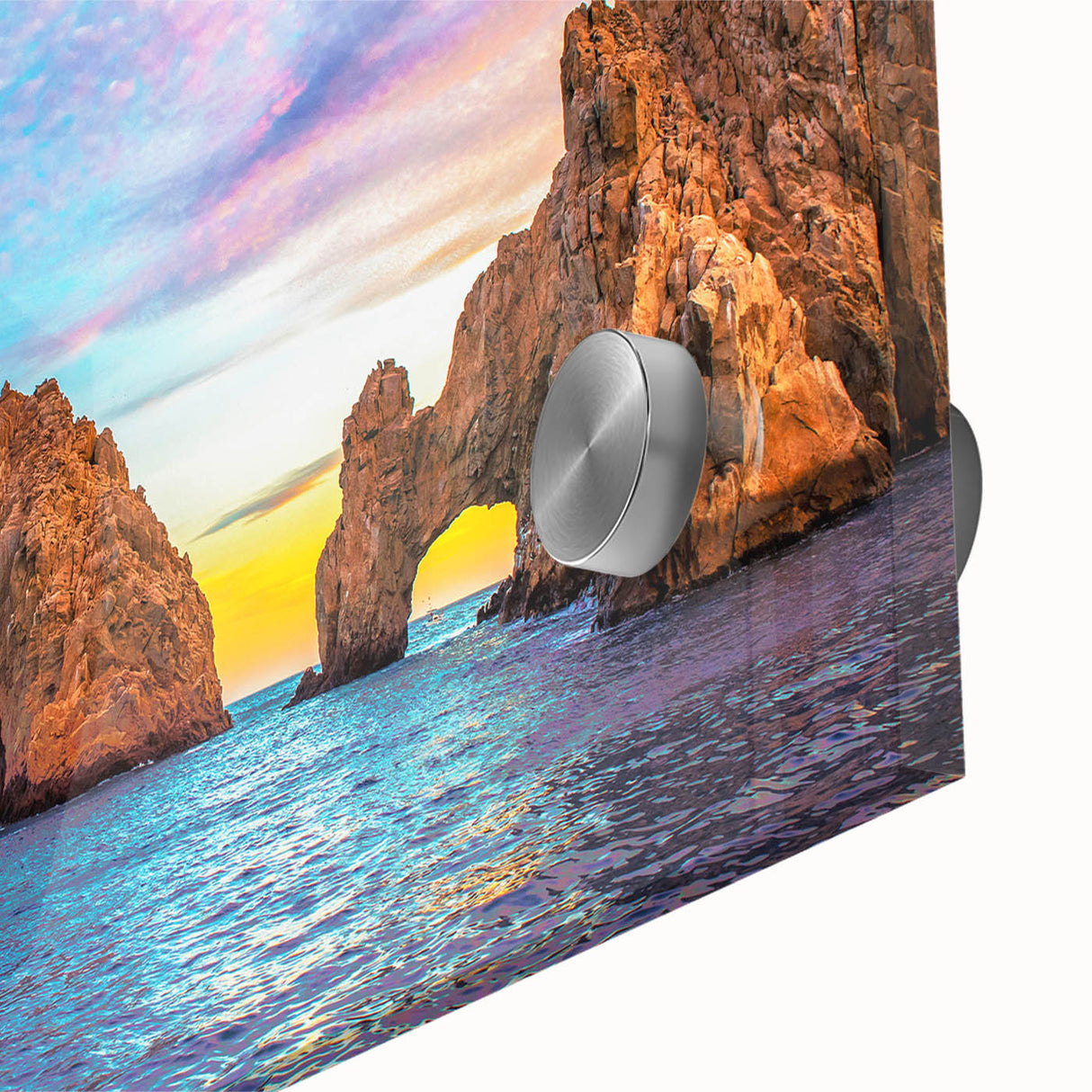 Large abstract wall art depicting Baja California scenery in mid-century modernist style on acrylic glass.