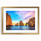 Extra large abstract art print depicting a textured scenery of Baja California, featuring earthy tones, framed in gold.
