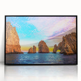 Large abstract wall art depicting Baja California scenery in mid-century modernist style, framed in black acrylic.