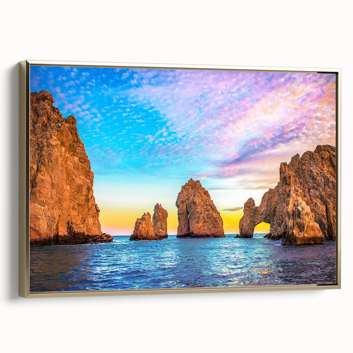Framed canvas depicting a vintage-style landscape of Baja California in muted gold and black tones.