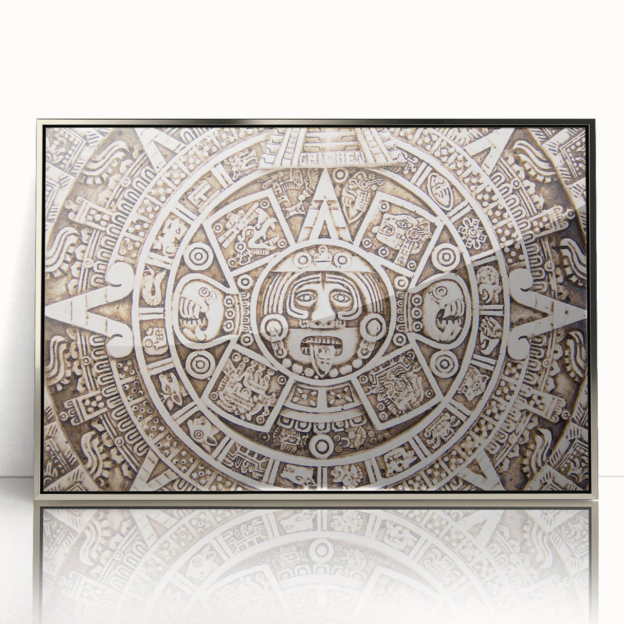 Mid-century modernist art depicting Cancun scenery in muted blue and green acrylic, framed in silver.
