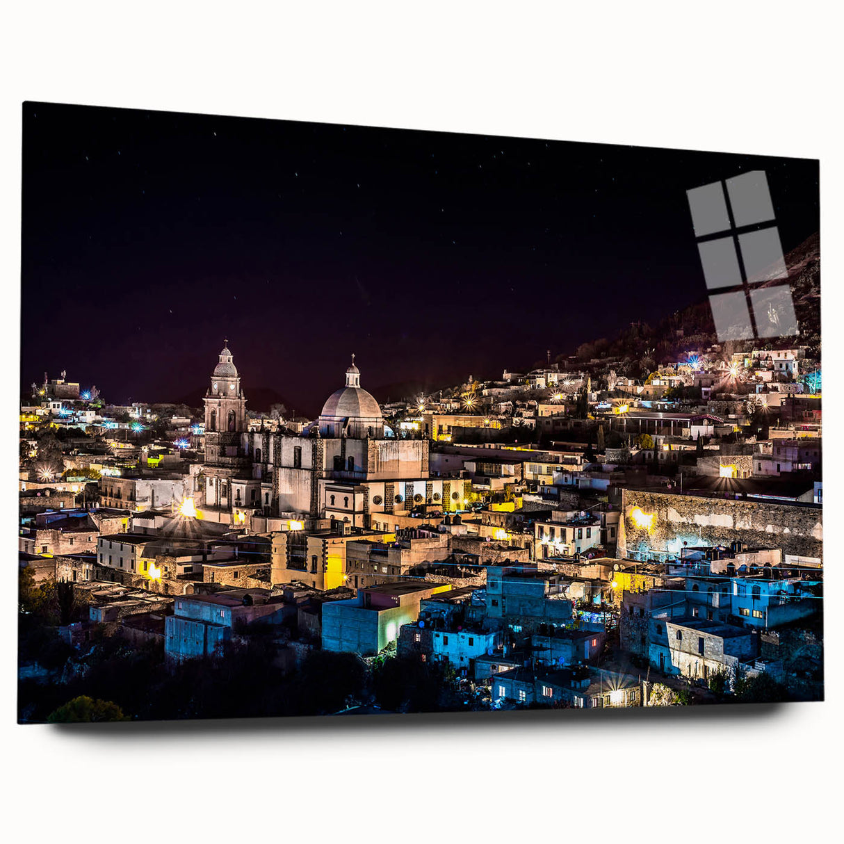 Large abstract depiction of Mexico City on acrylic glass, featuring vibrant multicolor tones.