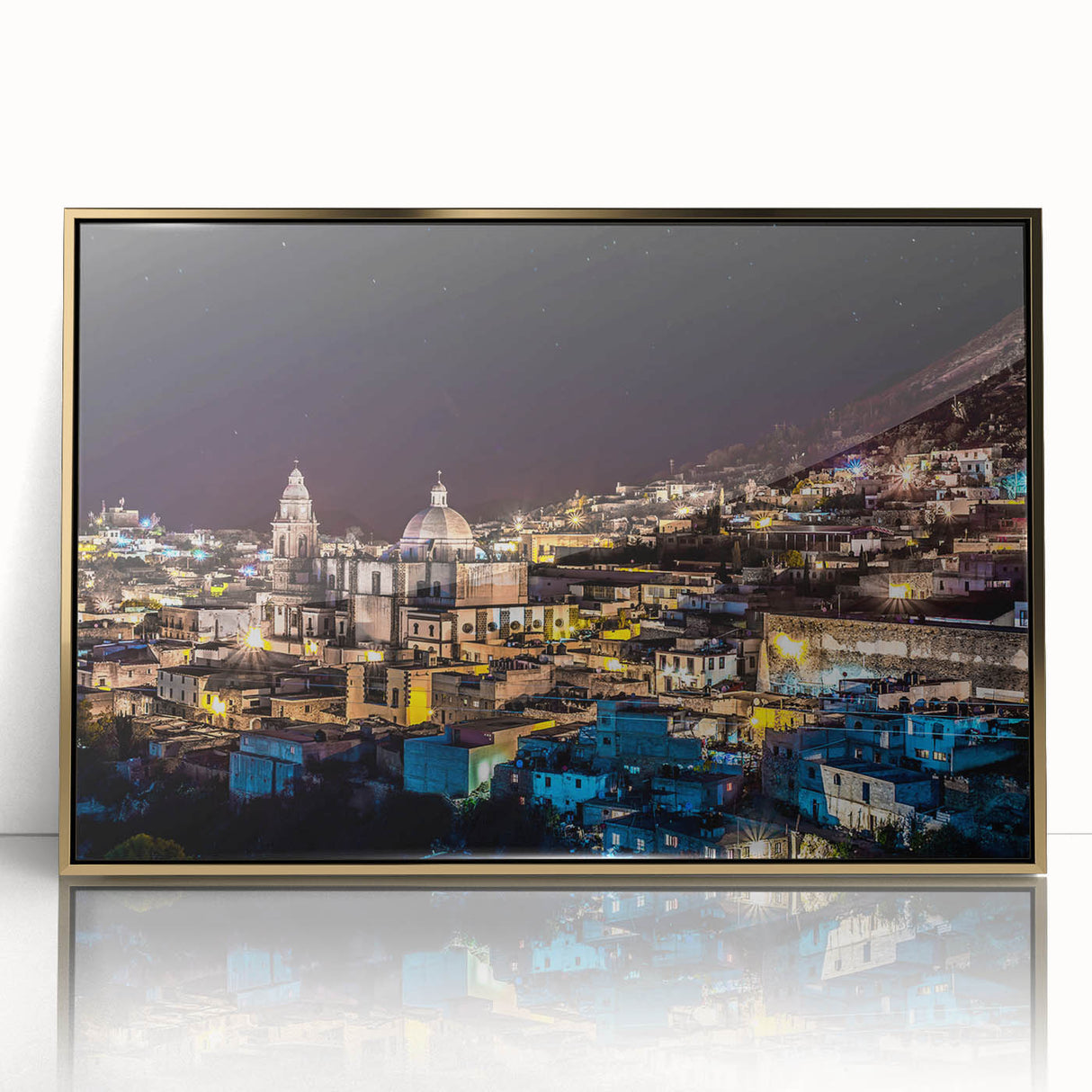 Mid-century modernist art of Mexico City skyline in gold and blue tones, acrylic print framed.