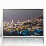 Acrylic print of Mexico City scenery in art deco style with vibrant colors, framed in white.