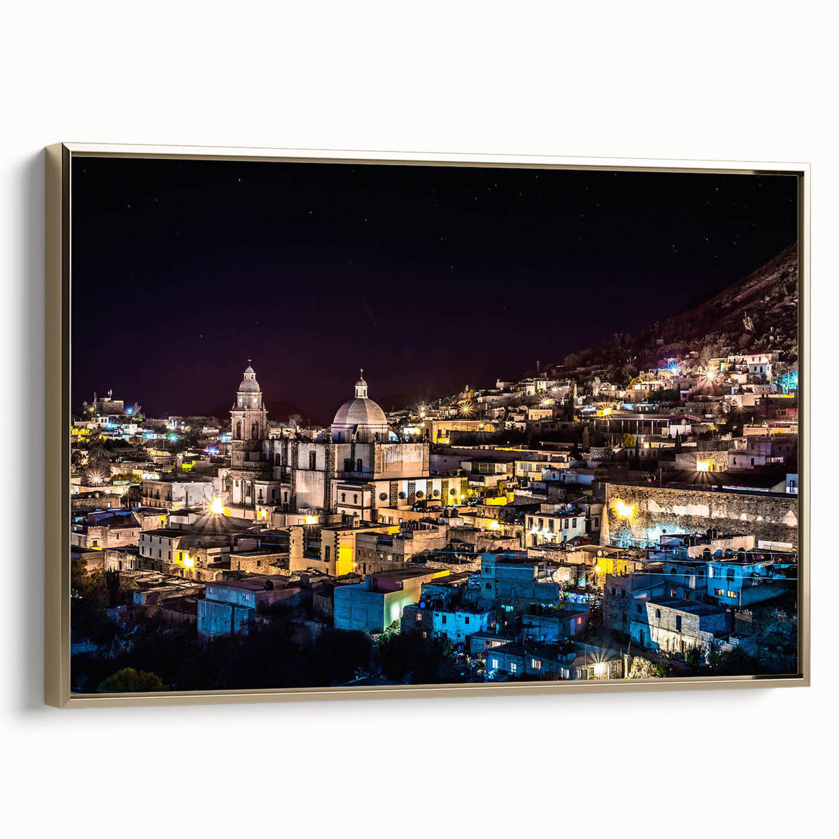 Framed canvas depicting a vintage-style Mexico City landscape in muted gold and black tones, ideal for bedroom wall decor.