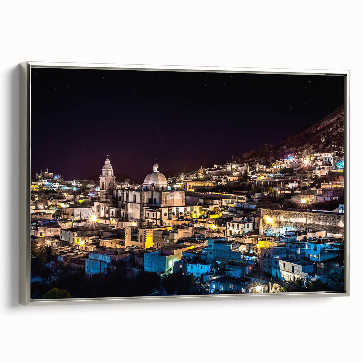 Framed canvas landscape art painting depicting a colorful Mexico City scene in vintage poster style.