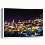 Vintage poster art of Mexico City on framed canvas, featuring black and colorful elements.