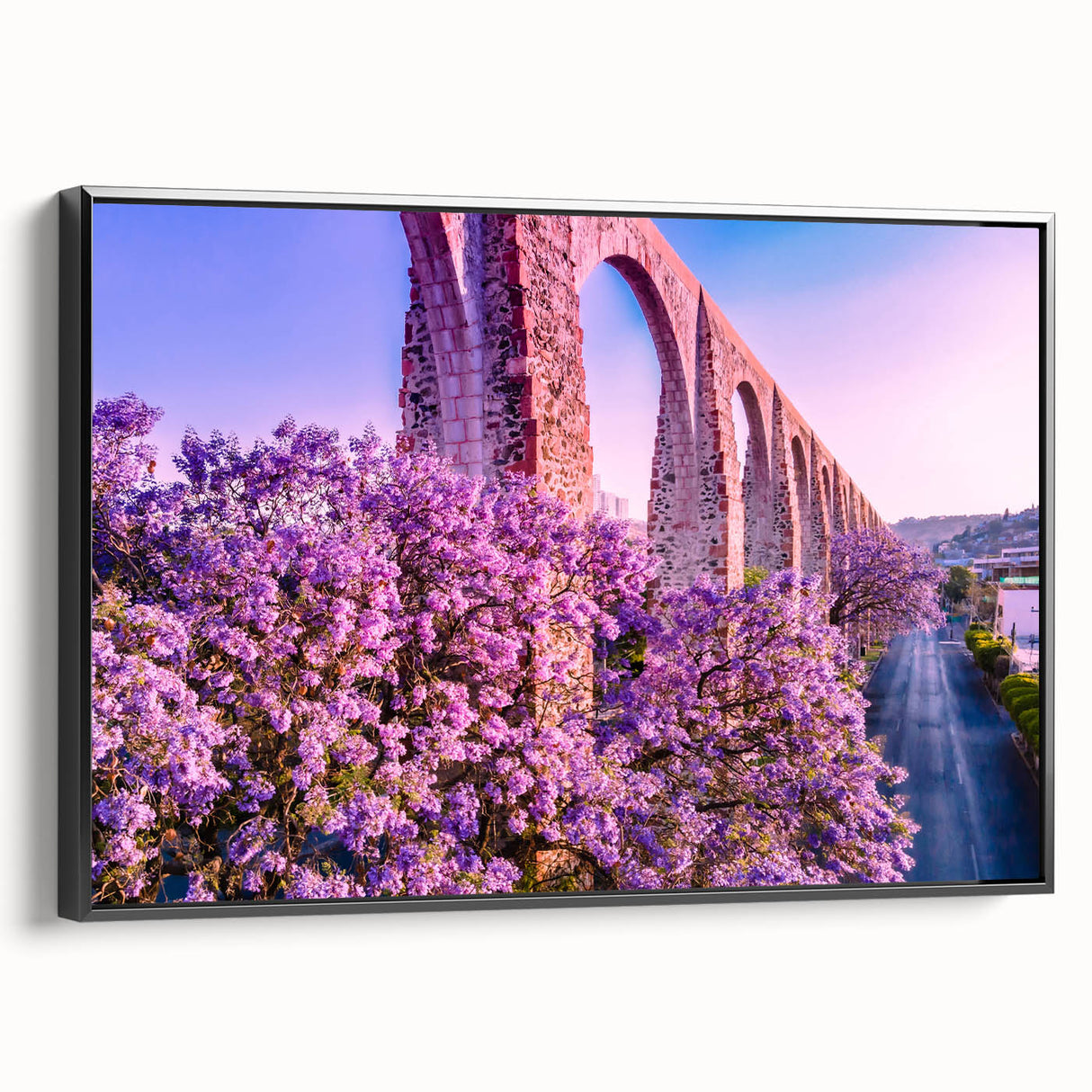 Black and white framed canvas of Guanajuato landscape, featuring vintage poster art style, ideal for bedroom decor.