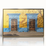 Large art print of Oaxaca, Mexico scenery on gold-framed acrylic, featuring mid-century modernist style.