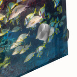 Large abstract wall art depicting a Quintana Roo scenery in muted blue and green tones on acrylic glass.