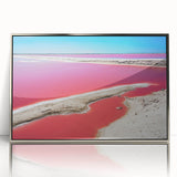 Mid-century modernist art depicting a Yucatan scenery in muted earth tones on a silver-framed acrylic.