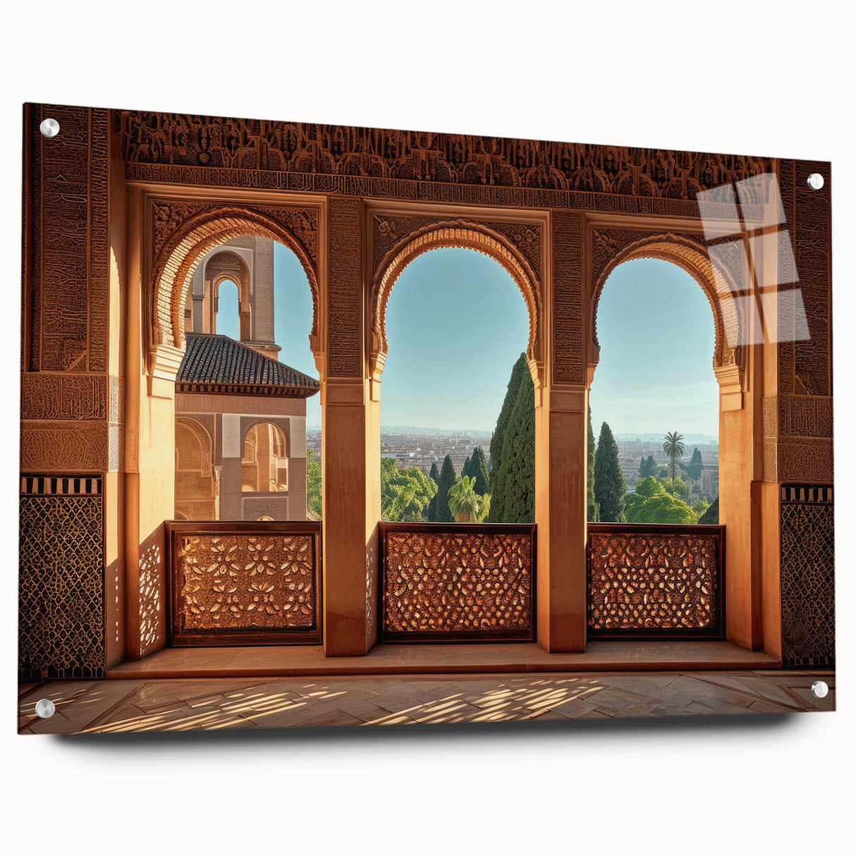 Acrylic glass print of a large abstract depiction of an Afghan landscape, in earthy tones.