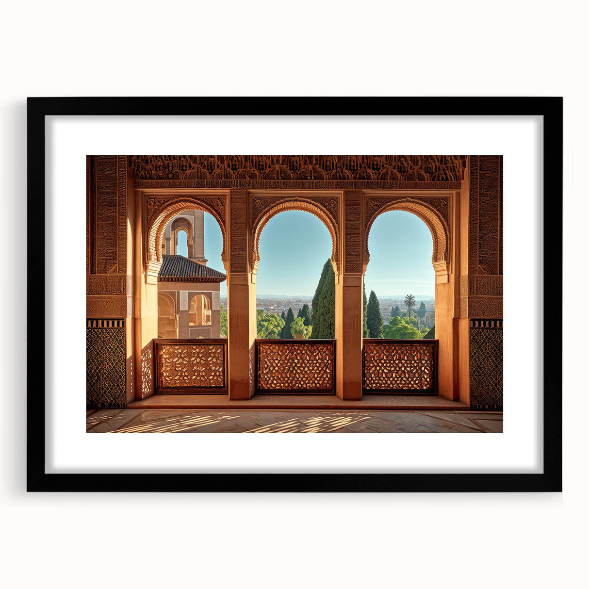Extra large abstract art print featuring textured, colorful depiction of a Middle Eastern landscape, in a black frame.