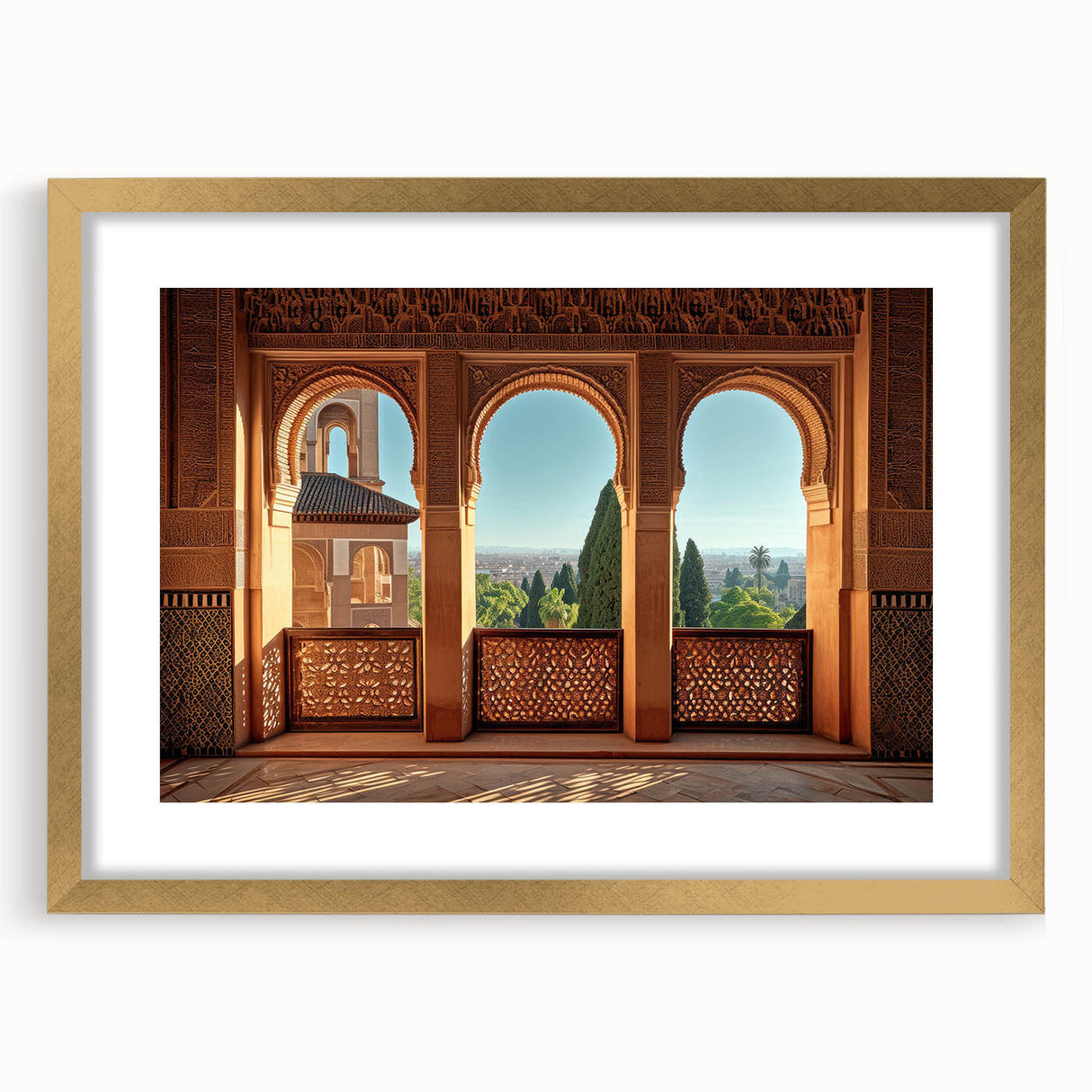 Extra large abstract art print featuring textured scenery of a Middle Eastern landscape in gold tones, framed with mat.
