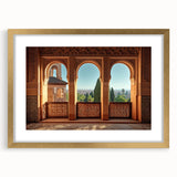 Extra large abstract art print featuring textured scenery of a Middle Eastern landscape in gold tones, framed with mat.