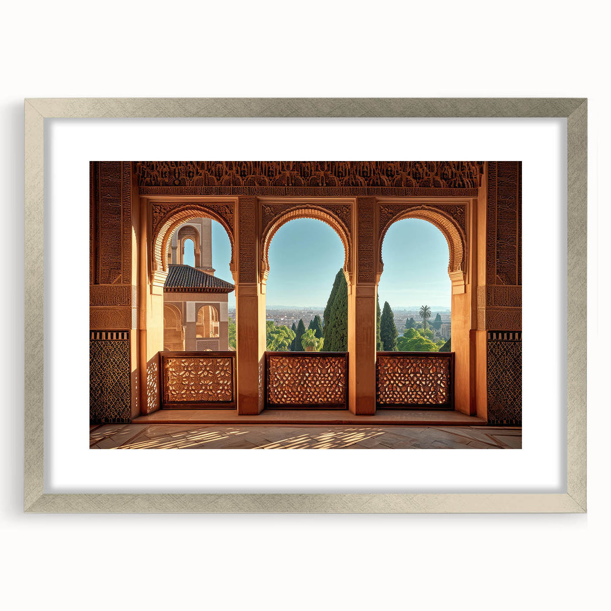 Textured abstract art print depicting a Middle Eastern scenery in muted earth tones, framed with a silver mat.