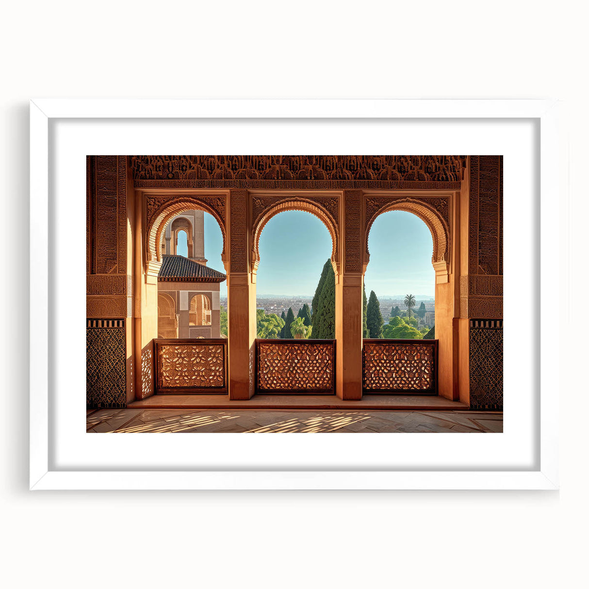 Abstract art print of a Middle Eastern scenery in muted earth tones, framed with a white mat, ideal for dining room decor.