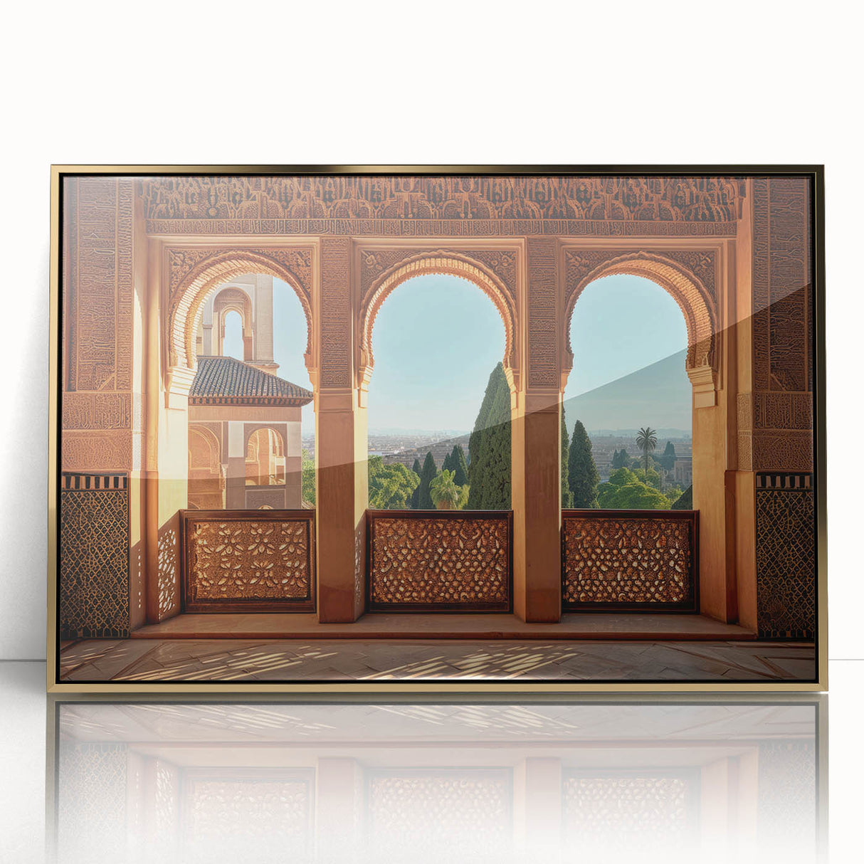 Large art print of a Middle-Eastern landscape in muted gold tones, framed in acrylic, suitable for modern art wall decor.