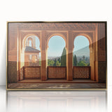 Large art print of a Middle-Eastern landscape in muted gold tones, framed in acrylic, suitable for modern art wall decor.