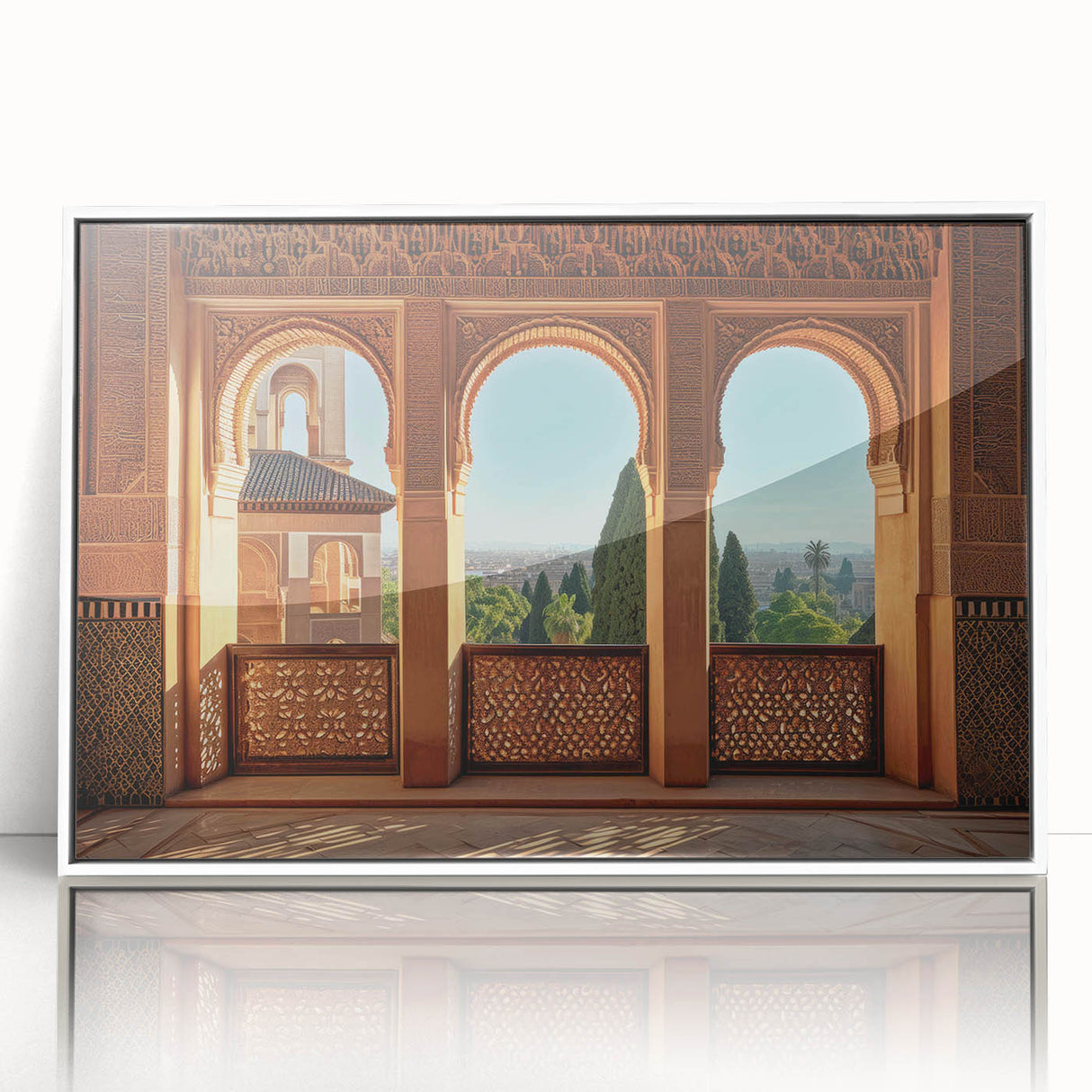 Art deco poster featuring a serene Afghan landscape in muted earth tones on framed acrylic.
