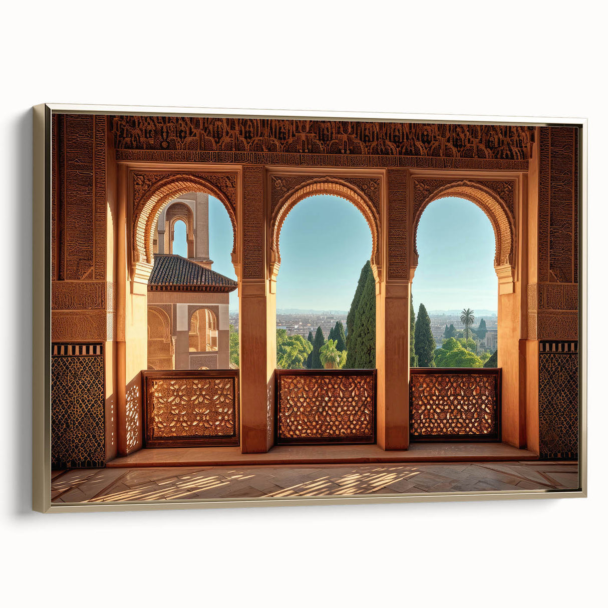 Framed canvas featuring a vintage-style landscape painting of an Afghan scenery, using muted gold and black tones.