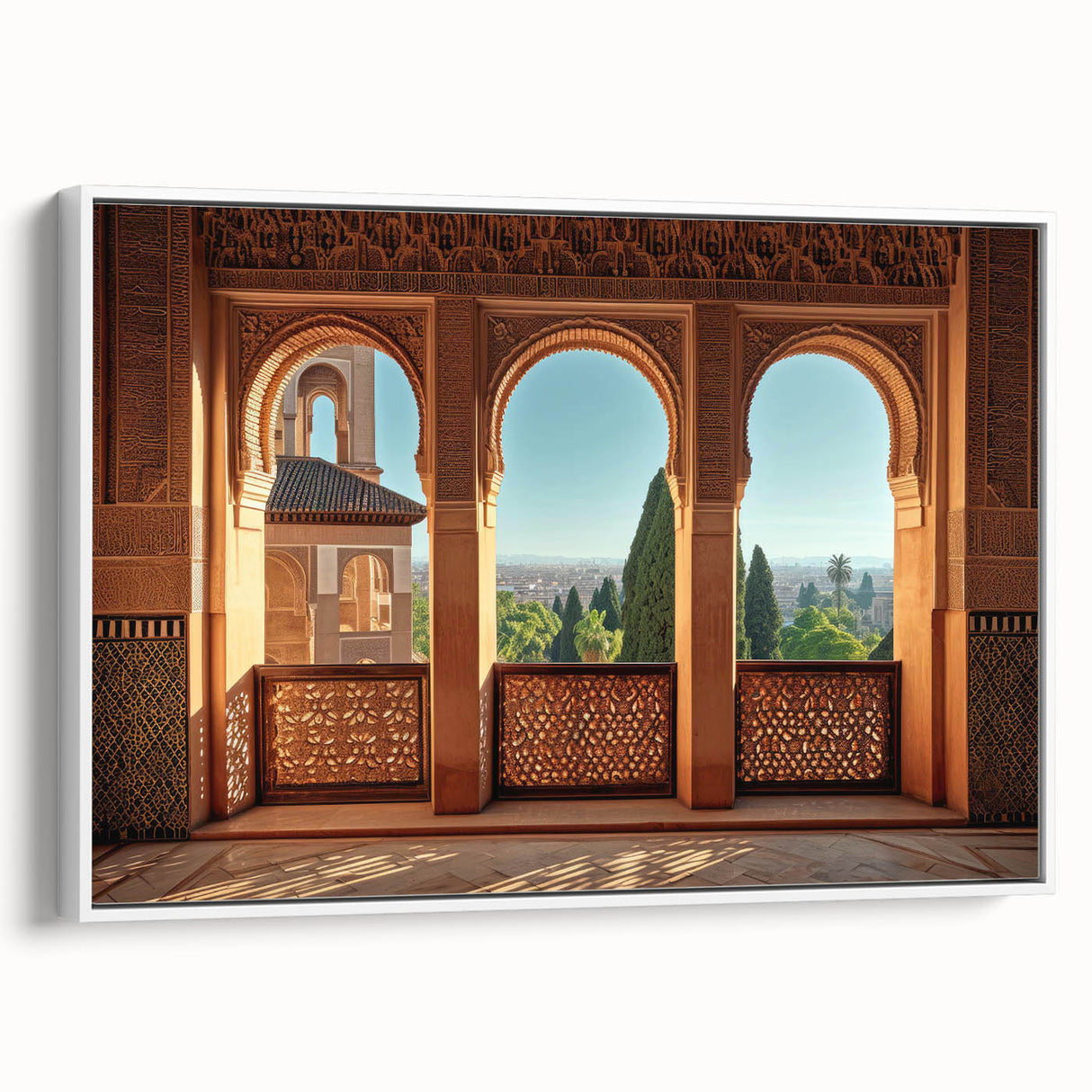 Extra large framed canvas featuring vintage poster art of a colorful Middle Eastern scenery, ideal for living room decor.