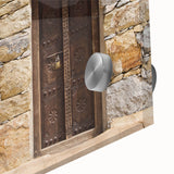 Acrylic print of Dubai skyline with large abstract elements in muted earth tones, ideal for dining room art.