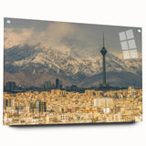 Acrylic glass print of an abstract Middle Eastern scenery in earth tones, suitable for dining room decor.