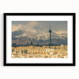 Extra large abstract art print of a colorful, textured Middle Eastern scenery on a black framed canvas.