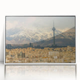 Art deco poster of a Middle Eastern scenery in Iran, rendered in soft pastel shades on a framed acrylic.