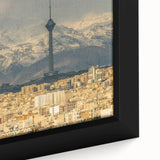 Extra large framed canvas of a textured black wall art featuring a colorful Middle Eastern scenery.