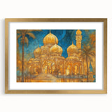 Extra large abstract art print depicting a textured Middle Eastern scenery in gold frame, ideal for living room decor.