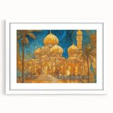 Abstract art print of a Middle Eastern scenery in muted earth tones on a white matted frame, suitable for dining room decor.
