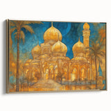 Framed canvas featuring a vintage-style landscape painting of a Middle Eastern scenery in gold and black tones.