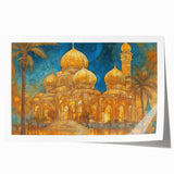 Rolled canvas print of a Middle Eastern landscape with vibrant green and earth tones, ideal for art wall dining room.