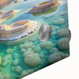 Acrylic print of the Dead Sea in muted blue and gray tones, large abstract wall art, ideal for dining room ambiance.