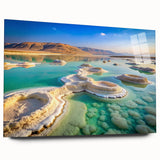 Large abstract depiction of the Dead Sea in muted blue and beige tones on acrylic glass.