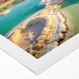 Art deco poster of the Dead Sea in muted blue and beige tones on rolled canvas, suitable for dining room decor.