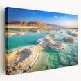 Large art print of the Dead Sea in muted blue and beige tones on stretched canvas, suitable for kitchen wall art.