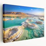 Large art print of the Dead Sea in muted blue and beige tones on stretched canvas, suitable for kitchen wall art.