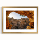 Extra large textured abstract art print of Jerusalem in muted gold tones, framed with mat, ideal for living room decor.
