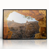 Large abstract wall art depicting the Jerusalem skyline in muted earth tones on a black framed acrylic print.