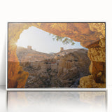 Acrylic print of Jerusalem scenery in muted earth tones, framed in white, suitable as modern art wall decor for a nursery.