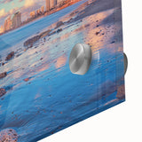 Large abstract wall art of Tel Aviv skyline in muted earth tones on acrylic glass, ideal for dining room ambiance.