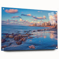 Large abstract wall art of Tel Aviv skyline in muted gray and blue tones on acrylic glass.