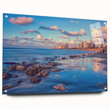 Large abstract wall art of Tel Aviv skyline in muted gray and blue tones on acrylic glass.
